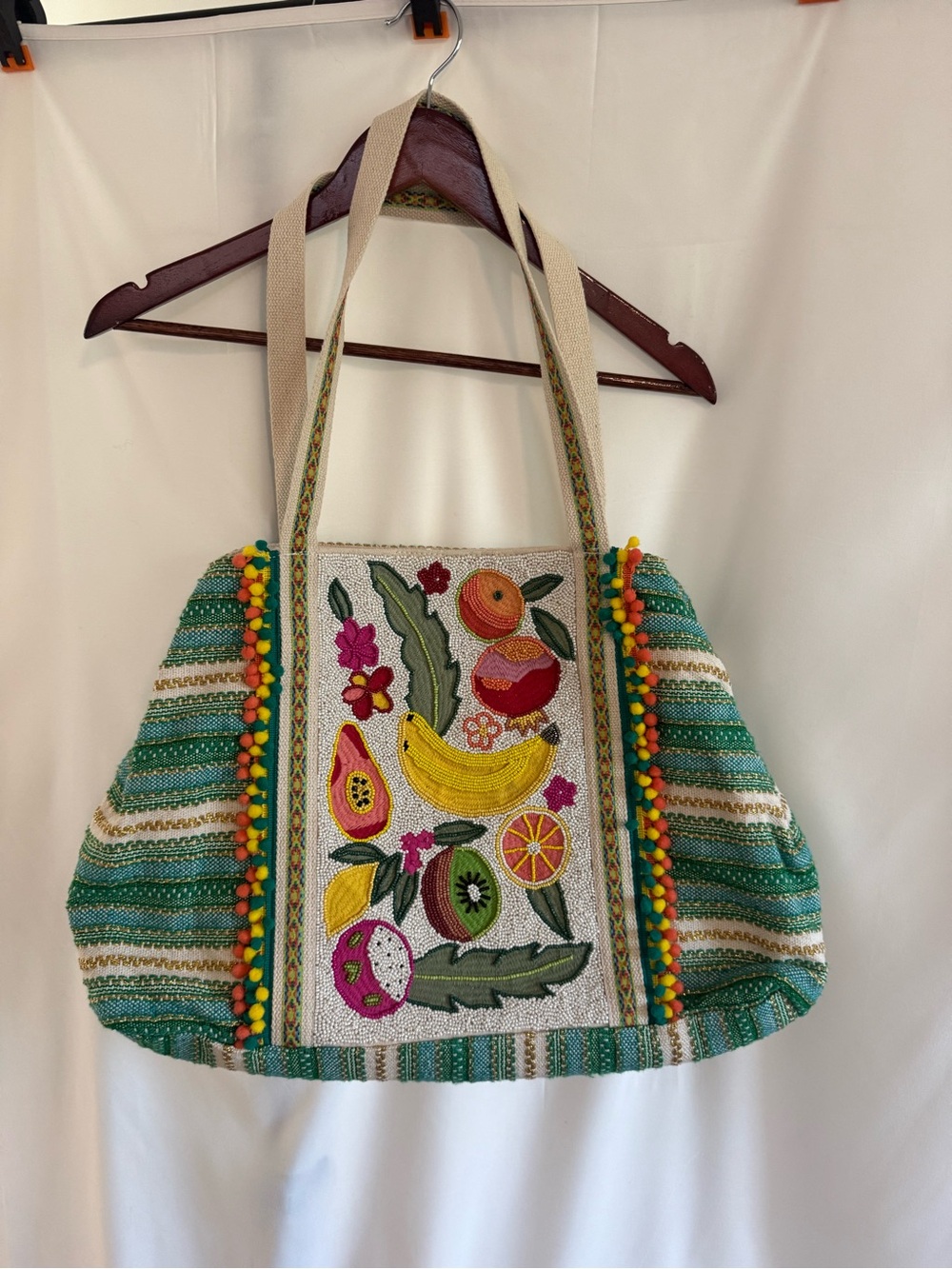Handmade Green Embroidered Fruit Tote Bag